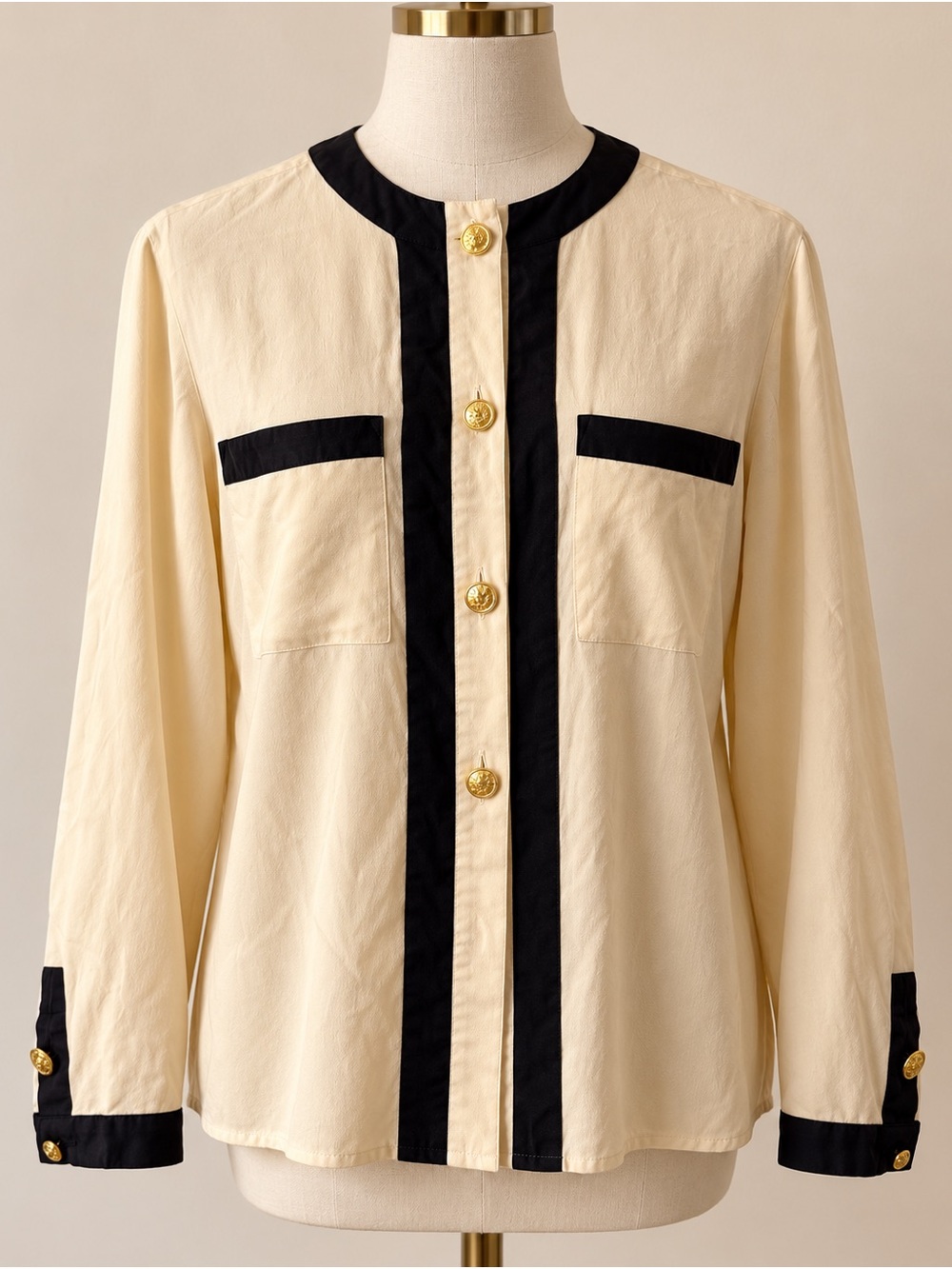 Women's Silk Cream Contrast-Trim Gold Crest Button Front Blouse